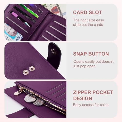 Womens Wallet RFID Blocking Vegan Leather Trifold Clutch Credit Card Holder Ladies Travel Wallet Purse with Passport