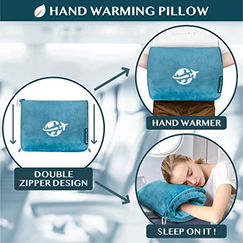 Compact 2-in-1 Travel Blanket Pillow for Airplane Flight, Teal Blue