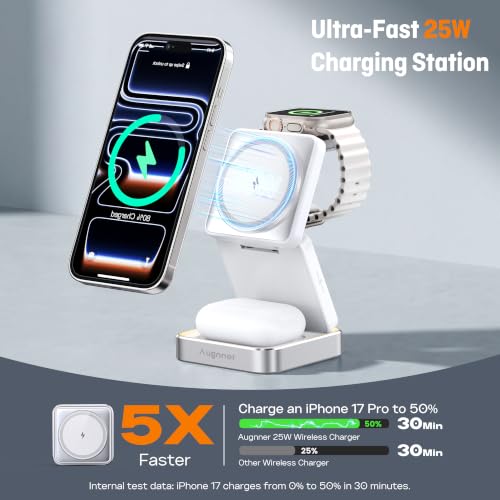 25W 3-in-1 Charging Station for Apple Device, White Foldable Magnetic Wireless Charger, Fast Travel Charging Stand for iPhone17/16/15/14/13/12 Series, Apple Watch/AirPods