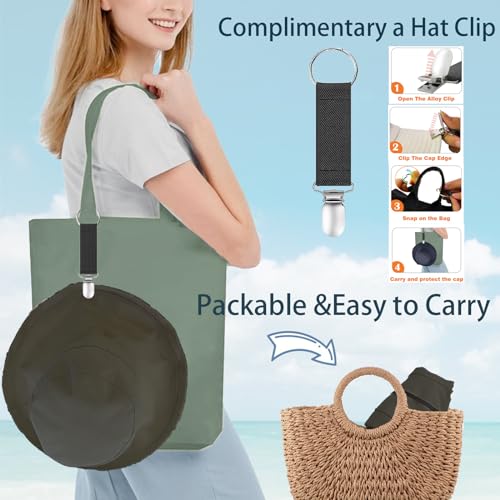 Womens Sun Hats Wide Brim Reversible Bucket Cotton Hat Packable Summer Travel Cap with Hat Clip