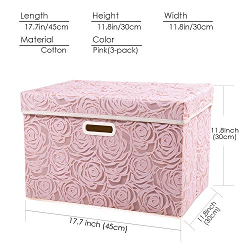 Larger Collapsible Storage Boxes with Lids Fabric Decorative Bins Cubes Organizer Containers Baskets Handles Divider for Bedroom Closet Living Room Pink 17.7x11.8x11.8 Inch 3 Pack (3 Count)