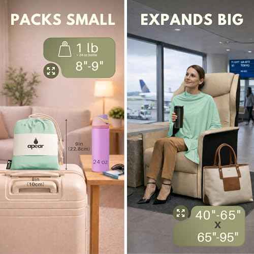 16-in-1 Compact Travel Blanket with Bag – Reversible, Ultra Soft Bamboo Airplane Blanket with Hidden Pocket - Packable for Flights, Camping, Picnic, Travel Essentials (Seafoam/Black)