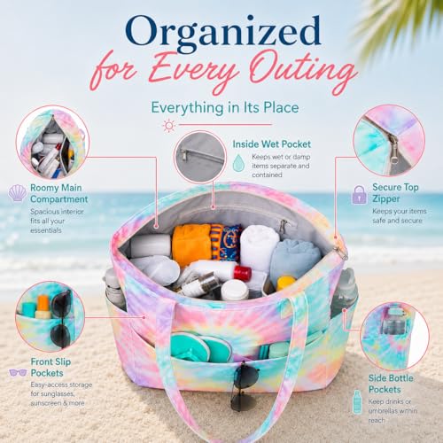 Waterproof Beach Tote Bag for Women Girls with Zipper Foldable Sandproof Pool Swim Bag Travel Carry On Gym