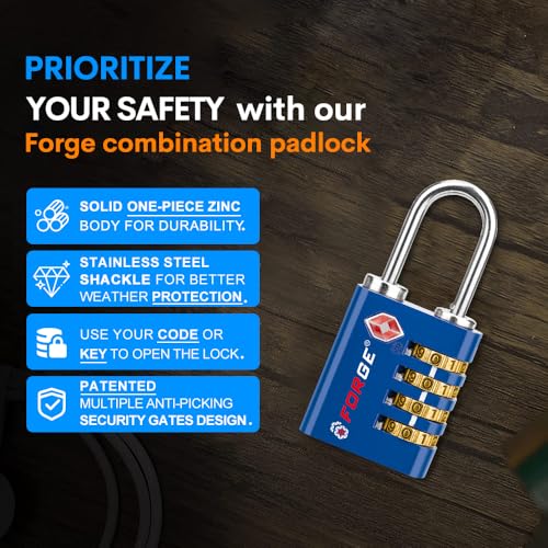 Dual-Opening: Key or Combination Access Lock, TSA Approved Locks for Luggage, Pelican case, Travel, Gym, School, Stainless Steel Shackle. (Blue 2 Pk)