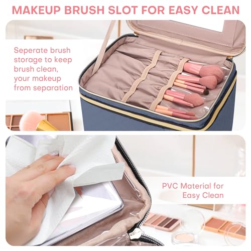 Large Makeup Bag with Mirror Double Layer Travel Make Up Organizer Case