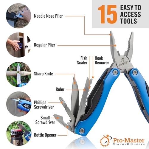 15-in-1 Multitool with Safety Locking, Stainless Steel Pocket Knife & Pliers, Compact EDC Multi Tool for Camping, Hiking, Fishing, Outdoors, Survival, Gift for Men, Father, Husband, Boyfriend