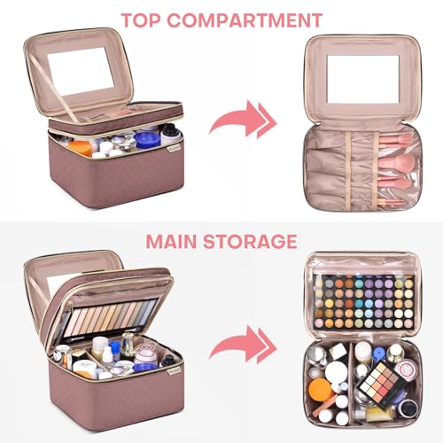 Large Makeup Bag with Mirror Double Layer Travel Make Up Organizer Case