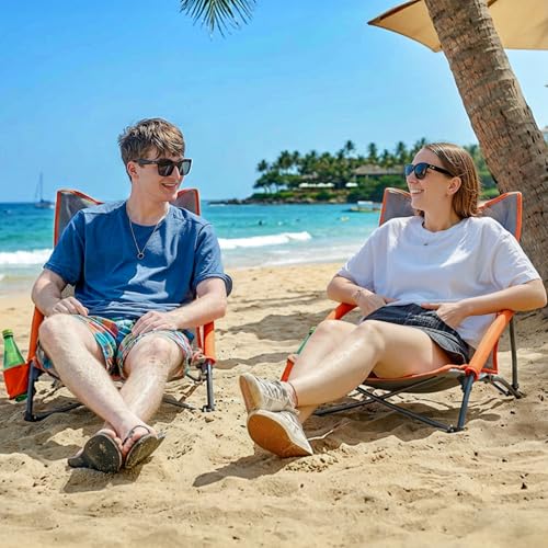 Beach Chairs for Adults 2 Pack High Back Low Folding Camping Chair Portable Lightweight with Cup Holder for Travel (2 Count)