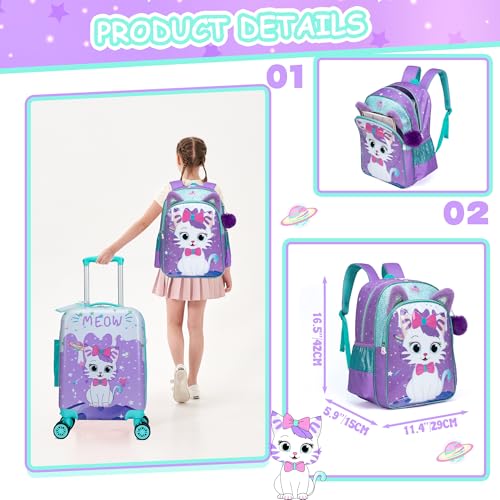 Cute Cat Kid’s Luggage Set 5 Piece Suitcase Set 16’’ Hardside Luggage with Spinner Wheels Girls Boys Carry on Toddler Luggage Travel Rolling Luggage Carry on Luggage Airline Approved (5 Count)