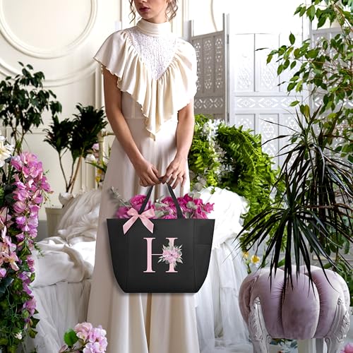 Tote Bag, A-Z Initial Monogrammed Waterproof Tote Bag, Bridesmaid Gifts for Women, Black and Pink (H, Black)