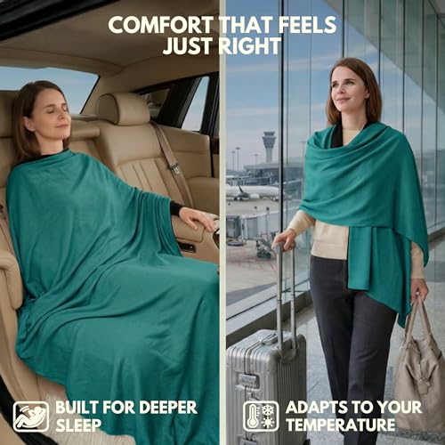 16-in-1 Compact Travel Blanket with Bag – Reversible, Ultra Soft Bamboo Airplane Blanket with Hidden Pocket – Packable for Flights & Travel Essentials (Semi-Weighted, Double Layer)