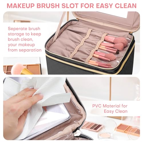 Large Makeup Bag with Mirror Double Layer Travel Make Up Organizer Case