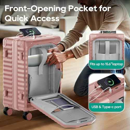 20 Inch Carry on Luggage with Front Pocket and Cup Holder