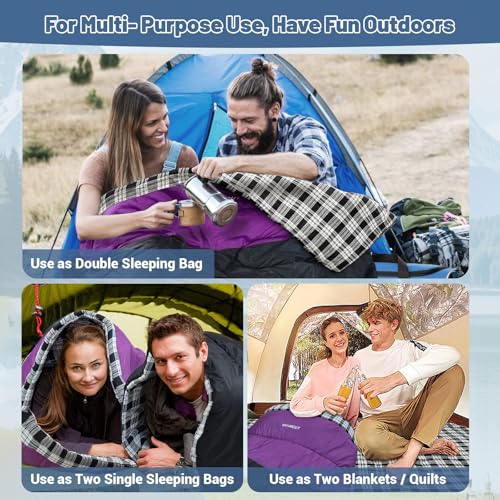 Double Sleeping Bag for Adults Machine Washable 2 Person Camping Sleeping Bag Queen Size Waterproof with Compression Sack for Cold Weather 3