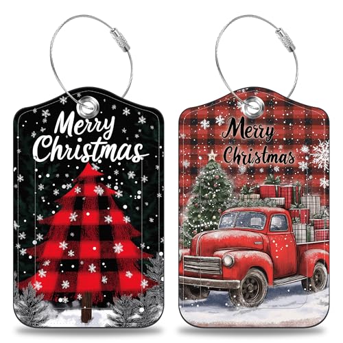 2 Pcs Red and Black Checkered Christmas Tree Luggage Tags for Suitcases PU Leather Truck Baggage Tags Name ID Label with Privacy Cover and Stainless Steel Loop for Men Women Travel Bag Suitcase (2 Count)