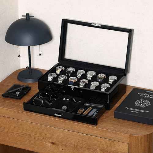 12 Slot Piano Black Watch Box with Valet Drawer