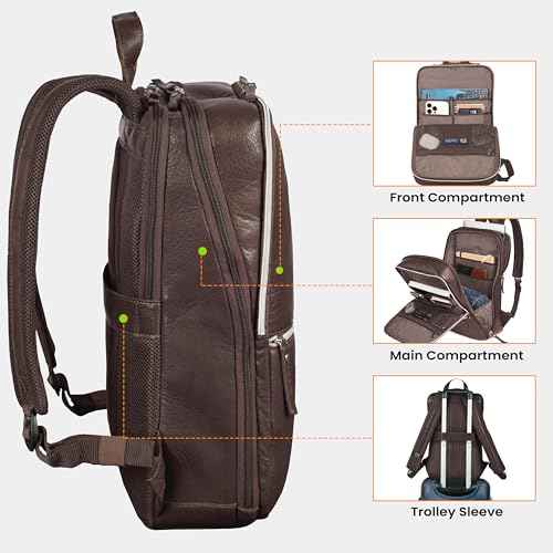 Leather Laptop Backpack for Men with Trolley Strap 16L Slim