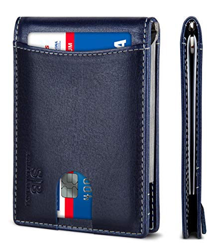 RFID Blocking Slim Bifold Genuine Leather Minimalist Front Pocket Wallets for Men with Money Clip Thin Mens