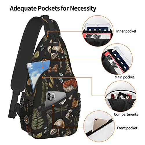 Sling Bag Vintage Mushroom Leaf Forest Hiking Daypack Crossbody Shoulder Backpack Travel Chest Pack for Men Women Over 12 Years Old