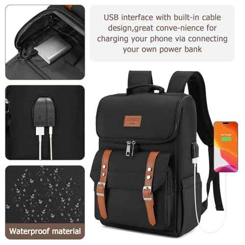 Vintage Backpack Travel Laptop Backpack with usb Charging Port for Women & Men College Backpack Fits 15.6 Inch Laptop Black Brown