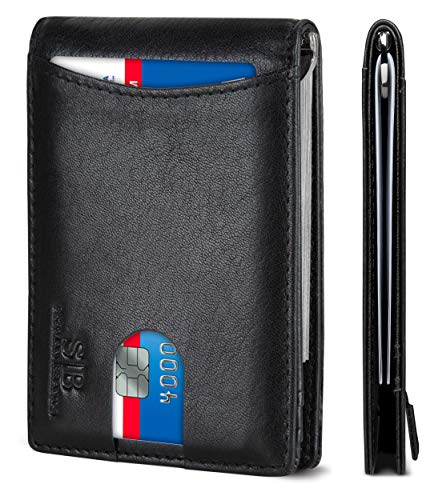 RFID Blocking Slim Bifold Genuine Leather Minimalist Front Pocket Wallets for Men with Money Clip Thin Mens