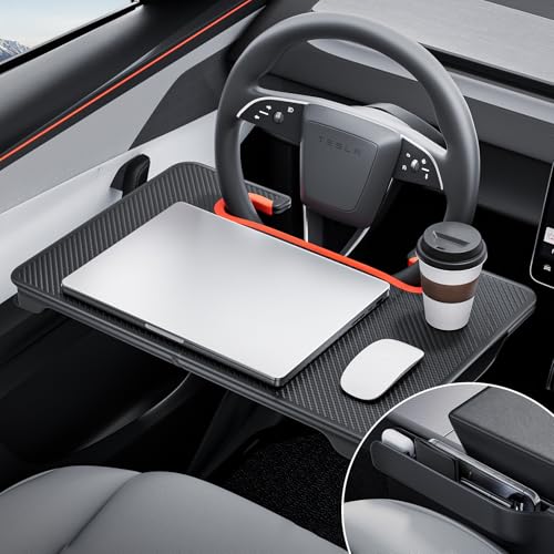 2-in-1 Car Steering Wheel Desk Tray & Car Seat Gap Filler Organizer – Foldable Carbon Fiber Look Table for Laptop, Eating, Writing – for Standard Round Steering Wheels