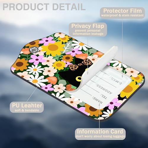 2 Pack Luggage Tags for Suitcases Cute Cat with Colorful Flowers Leather Luggage Tags Privacy Cover ID Label with Stainless Steel Loop and Address Card for Women Men Travel Bag Backpack (2 Count)