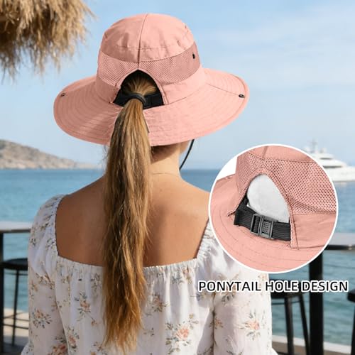 Ponytail Sun Bucket Hats for Women UV Protection Foldable Wide Brim