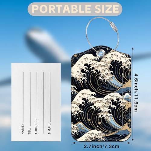 Japanese Art Blue and White Waves Set of 2 Luggage Tags for Suitcases Leather Suitcase Tags Identifiers with Privacy Name Label and Stainless Steel Loop for Women Men Travel Luggage Accessories (2 Count)
