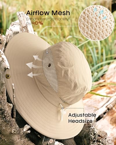 Womens Sun Hat with Ponytail Hole Beach Hiking Summer Wide Brim UPF 50+ Outdoor Protection Foldable Bucket Hat Khaki