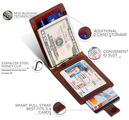 RFID Blocking Slim Bifold Genuine Leather Minimalist Front Pocket Wallets for Men with Money Clip Thin Mens
