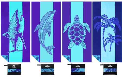 4 Pack Microfiber Beach Towel Oversized 71x32 Blue Sea Animal Palm (4 Count)