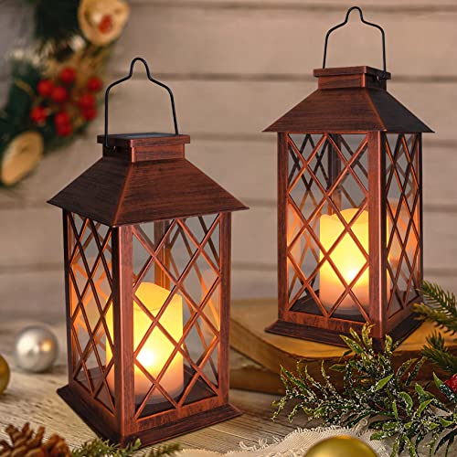 2 Pack] TAKE ME 14" Solar Lantern Outdoor Garden Hanging Lantern Waterproof LED Flickering Flameless Candle Mission Lights for Table (2 Count)