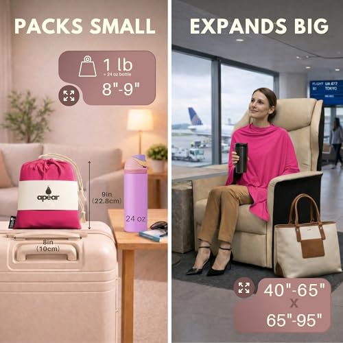 16-in-1 Compact Travel Blanket with Bag – Reversible, Ultra Soft Bamboo Airplane Blanket with Hidden Pocket - Packable for Flights, Camping, Picnic, Travel Essentials (Pink/Black)