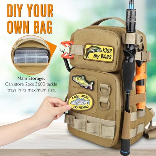 Small Fishing Backpack Fishing Sling Bag with 3600 Tackle Box Small Tackle Backpack with Tool Set Khaki