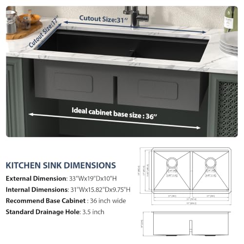 36 Inch Matte Black Double Bowl Kitchen Sinks