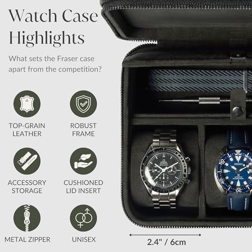 Watch Case 3 Slot Genuine Top Grain Leather Watch Box for Men & Women with Extra Wide Pillows for Large Watches and Compartment for Accessory Storage