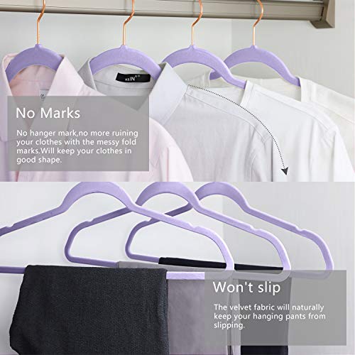 Velvet Hangers 50 Pack Non Slip Light Purple Rose Gold Hooks (50 Count)