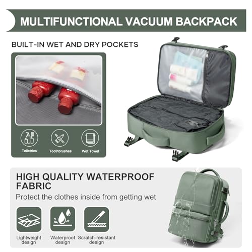 Vacuum Backpack Travel with Pump Vacuum Travel Backpack Carry On Flight Approved Frontier Spirit Airlines Personal Item Bag 18x14x8 Compression Carry On Luggage for Women Men Army Green