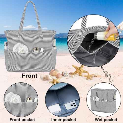 Waterproof Beach Tote Pool Bags for Women Ladies Extra Large Gym Tote Carry On Bag With Wet Compartment for Weekender Travel