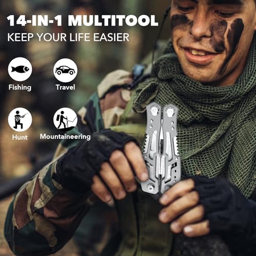 14-In-1 Multitool Pliers，Premium Portable Multi Tool ，with Safety Locking Professional Stainless Steel Multitool Pliers Pocket Knife,Apply to Survival, Camping