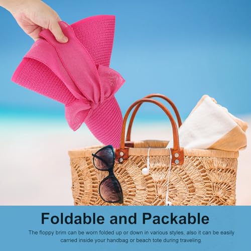 Womens Big Bowknot Straw Hat Foldable Sun Hats Floppy Beach Hat Large Roll up Cap UPF 50+