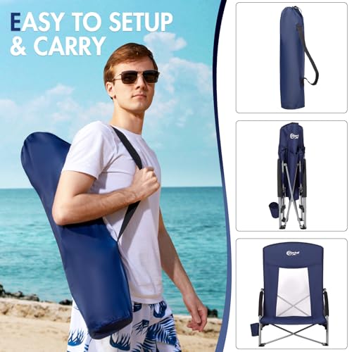 Beach Chairs for Adults 2 Pack High Back Low Folding Camping Chair Portable Lightweight with Cup Holder for Travel (2 Count)