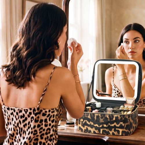 Makeup Travel Train Case with Mirror LED Light 3 Adjustable Brightness Cosmetic Bag Portable Storage Adjustable Partition Waterproof Makeup Brushes Makeup Jewelry Gift for Women