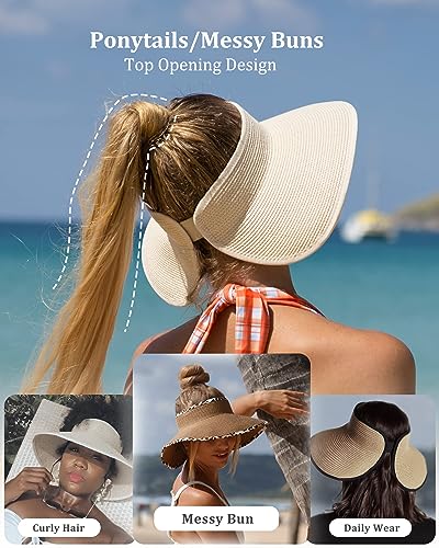 Womens Sun Hat with Ponytail Hole Wide Brim Beach Straw Visor