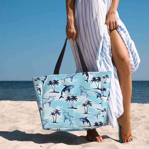 Beach Bag for Women Shark Print Beach Tote Bag Waterproof Sandproof Large Bags with Zipper Big Capacity for Travel