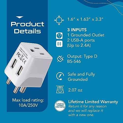India, Nepal, Bangladesh Travel Adapter Plug with USB-A + USB-C - Type D - Usa Input - Ultra Compact - Safe Grounded Perfect for Cell Phones, Laptops, Camera (CTU-10)