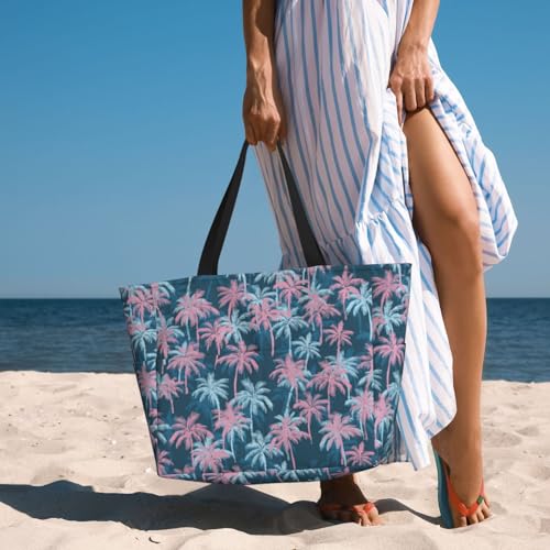 Beach Bag for Women Plam Leaves Print Beach Tote Bag Waterproof Sandproof Large Bags with Zipper Big Capacity for Travel
