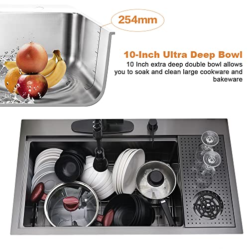 33x19 Black Drop In Kitchen Sink with Cup Washer Workstation Sink