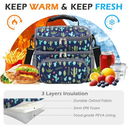 Double Layer Cooler Insulated Lunch Bag Adult Lunch Box Large Tote Bag for Men (Cactus)